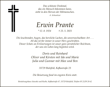 Traueranzeige von Erwin Prante von Neue Westfälische