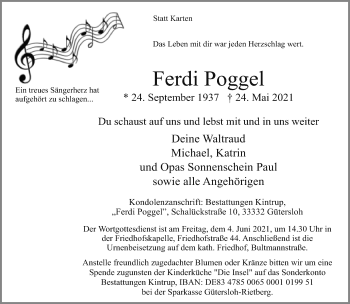 Traueranzeige von Ferdi Poggel von Neue Westfälische