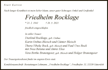 Traueranzeige von Friedhelm Rocklage von Neue Westfälische