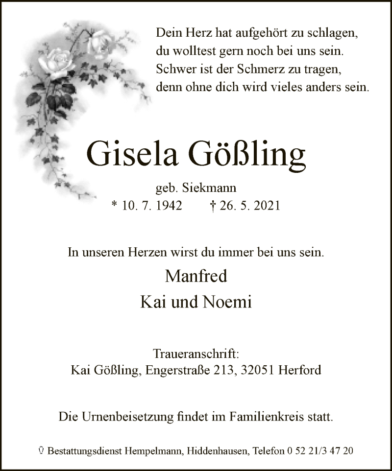  Traueranzeige für Gisela Gößling vom 29.05.2021 aus Neue Westfälische