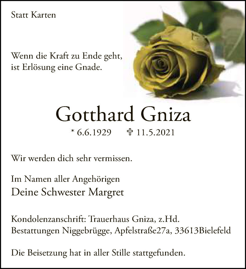  Traueranzeige für Gotthard Gniza vom 29.05.2021 aus Neue Westfälische
