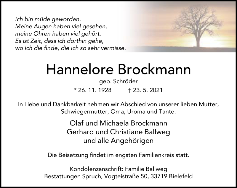  Traueranzeige für Hannelore Brockmann vom 29.05.2021 aus Neue Westfälische