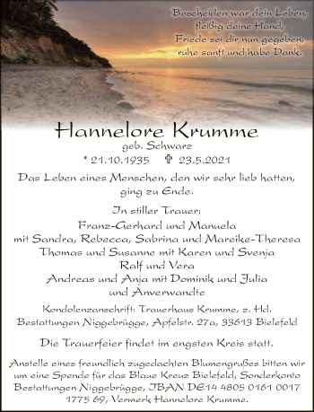 Traueranzeige von Hannelore Krumme von Neue Westfälische