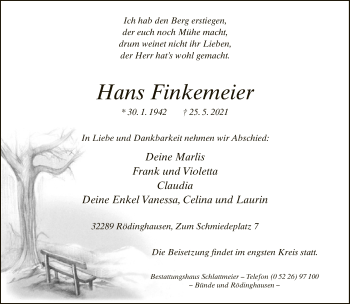 Traueranzeige von Hans Finkemeier von Neue Westfälische