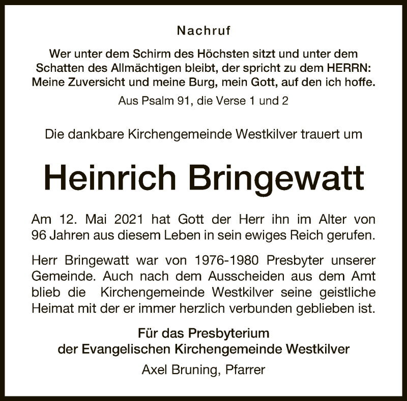  Traueranzeige für Heinrich Bringewatt vom 15.05.2021 aus Neue Westfälische