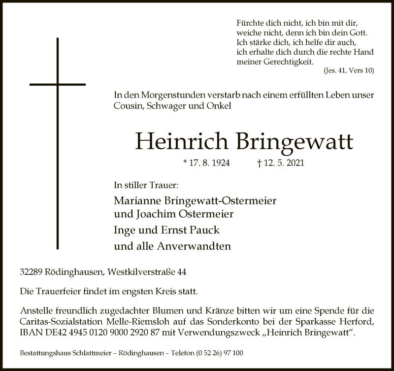  Traueranzeige für Heinrich Bringewatt vom 15.05.2021 aus Neue Westfälische
