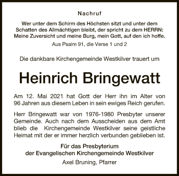 Traueranzeige von Heinrich Bringewatt von Neue Westfälische