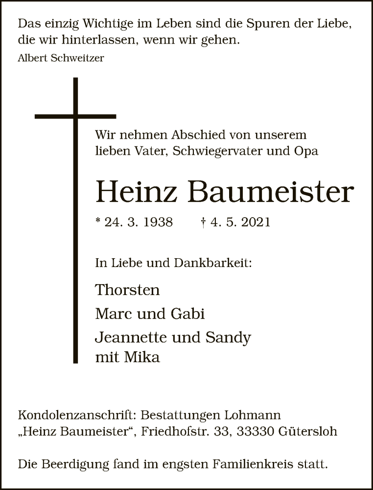  Traueranzeige für Heinz Baumeister vom 13.05.2021 aus Neue Westfälische