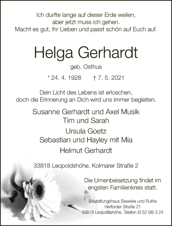 Traueranzeige von Helga Gerhardt von Neue Westfälische