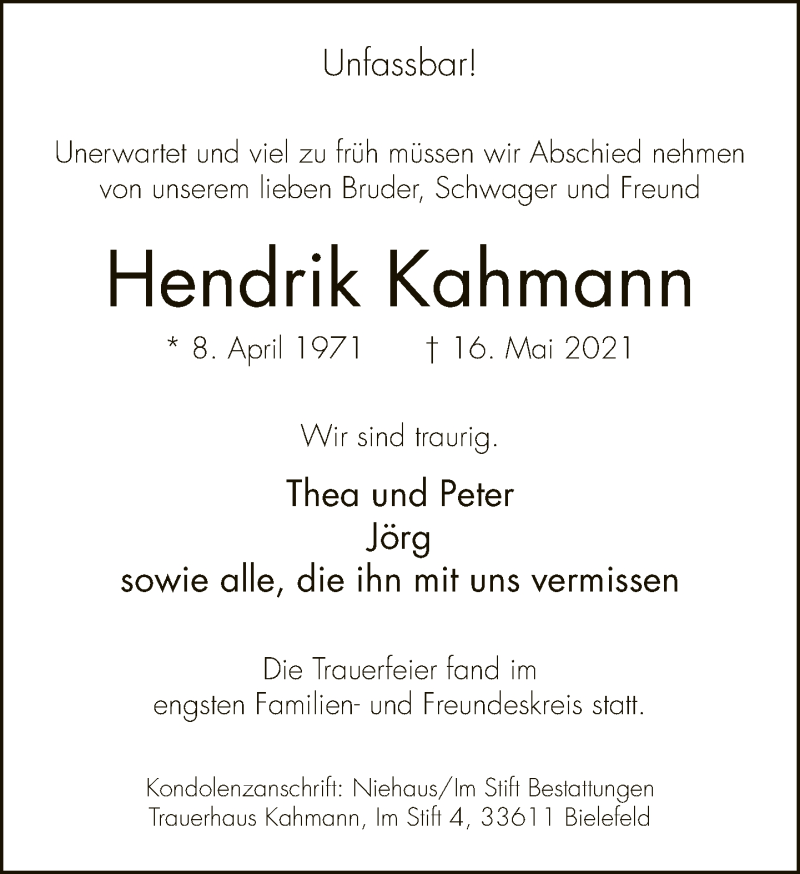  Traueranzeige für Hendrik Kahmann vom 29.05.2021 aus Neue Westfälische