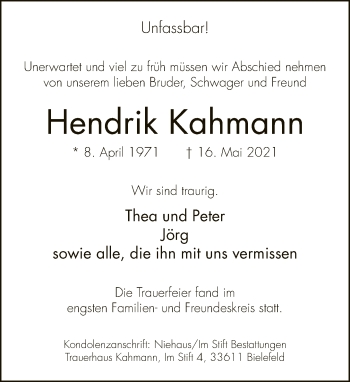 Traueranzeige von Hendrik Kahmann von Neue Westfälische