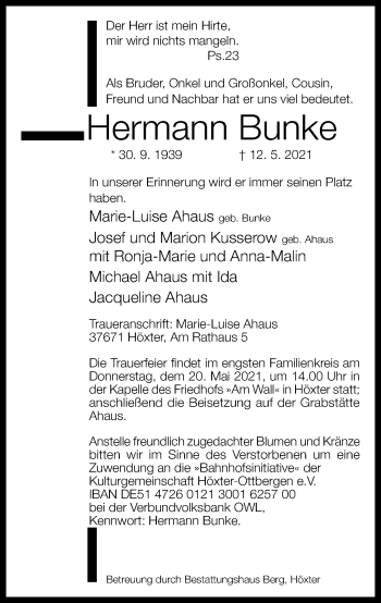 Traueranzeige von Hermann Bunke von Neue Westfälische