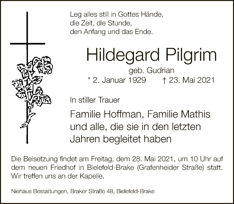  Traueranzeige für Hildegard Pilgrim vom 26.05.2021 aus Neue Westfälische