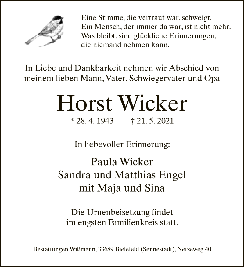  Traueranzeige für Horst Wicker vom 29.05.2021 aus Neue Westfälische