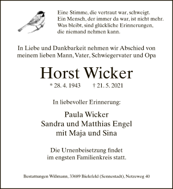 Traueranzeige von Horst Wicker von Neue Westfälische