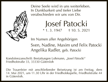 Traueranzeige von Josef Patocki von Neue Westfälische
