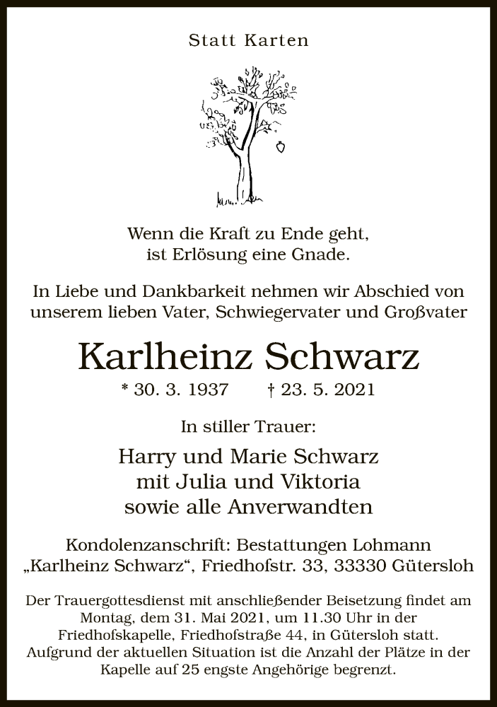  Traueranzeige für Karlheinz Schwarz vom 29.05.2021 aus Neue Westfälische