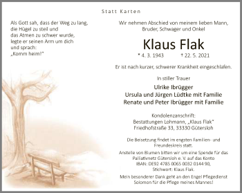 Traueranzeige von Klaus Flak von Neue Westfälische