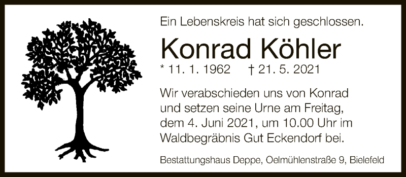  Traueranzeige für Konrad Köhler vom 29.05.2021 aus Neue Westfälische