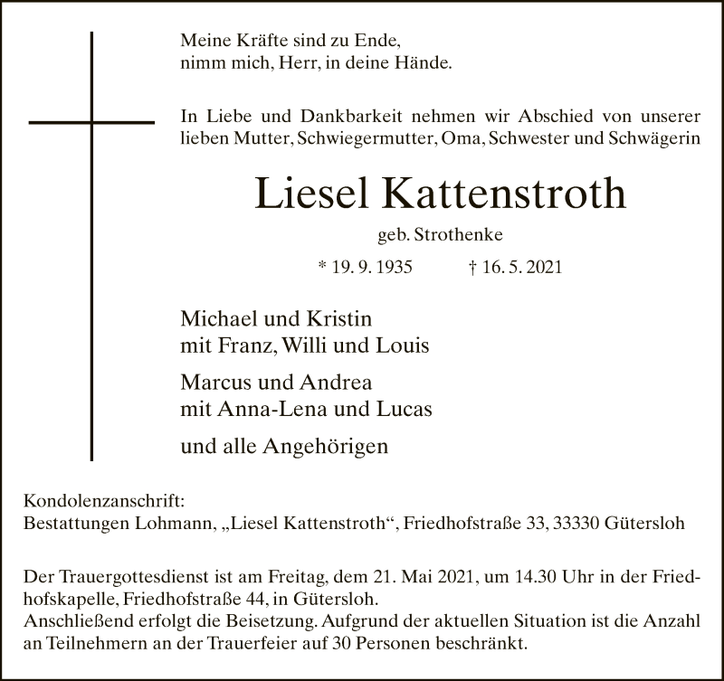  Traueranzeige für Liesel Kattenstroth vom 19.05.2021 aus Neue Westfälische