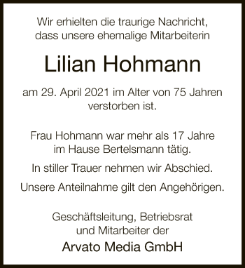 Traueranzeige von Lilian Hohmann von Neue Westfälische