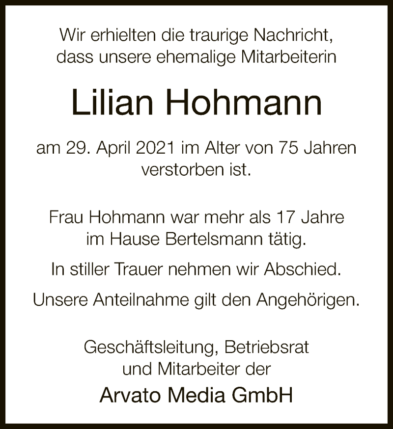  Traueranzeige für Lilian Hohmann vom 12.05.2021 aus Neue Westfälische