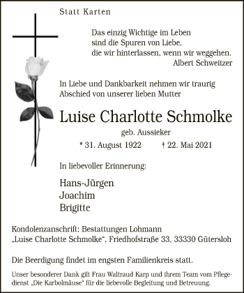 Traueranzeige von Luise Charlotte Schmolke von Neue Westfälische