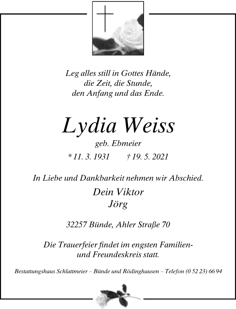  Traueranzeige für Lydia Weiss vom 22.05.2021 aus Neue Westfälische