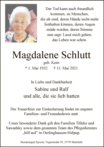 Traueranzeige von Magdalene Schlutt von Neue Westfälische