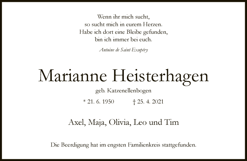  Traueranzeige für Marianne Heisterhagen vom 15.05.2021 aus Neue Westfälische