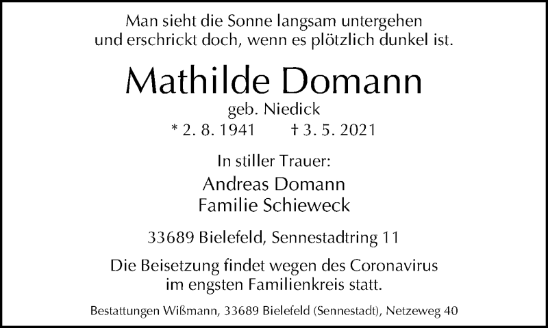  Traueranzeige für Mathilde Domann vom 15.05.2021 aus Neue Westfälische
