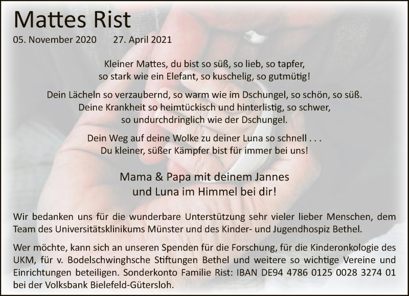  Traueranzeige für Mattes Rist vom 15.05.2021 aus Neue Westfälische