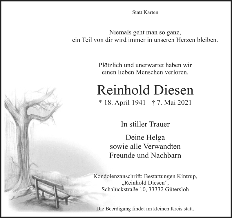  Traueranzeige für Reinhold Diesen vom 13.05.2021 aus Neue Westfälische