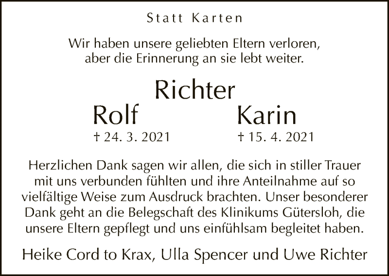  Traueranzeige für Rolf und Karin Richter vom 22.05.2021 aus Neue Westfälische
