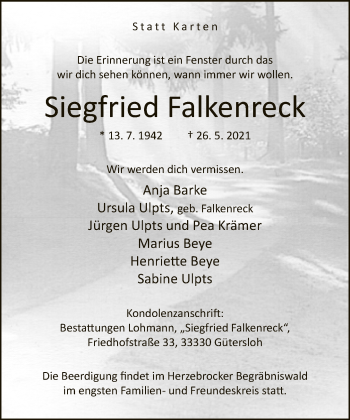 Traueranzeige von Siegfried Falkenreck von Neue Westfälische