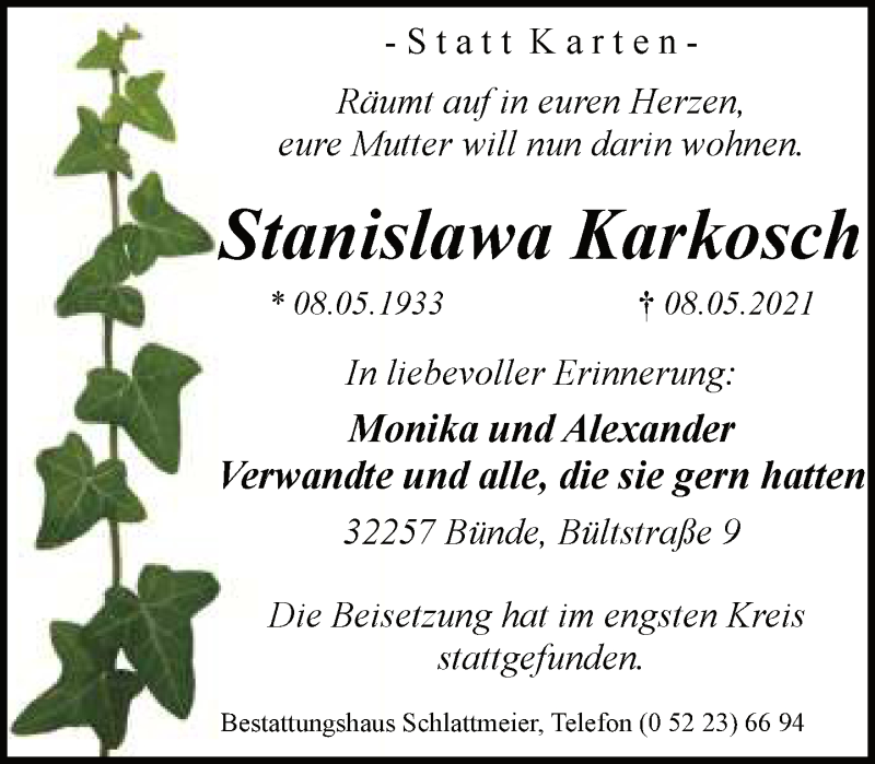  Traueranzeige für Stanislawa Karkosch vom 22.05.2021 aus Neue Westfälische