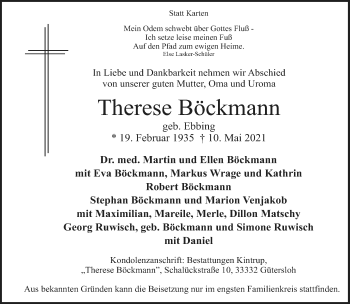 Traueranzeige von Therese Böckmann von Neue Westfälische