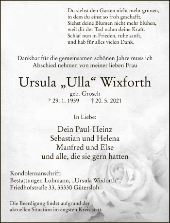 Traueranzeige von Ursula Wixforth von Neue Westfälische
