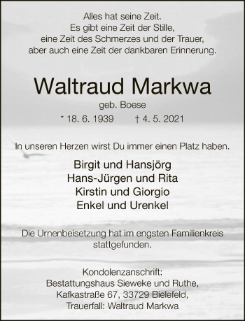 Traueranzeige von Waltraud Markwa von Neue Westfälische