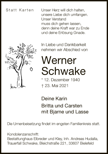 Traueranzeige von Werner Schwake von Neue Westfälische