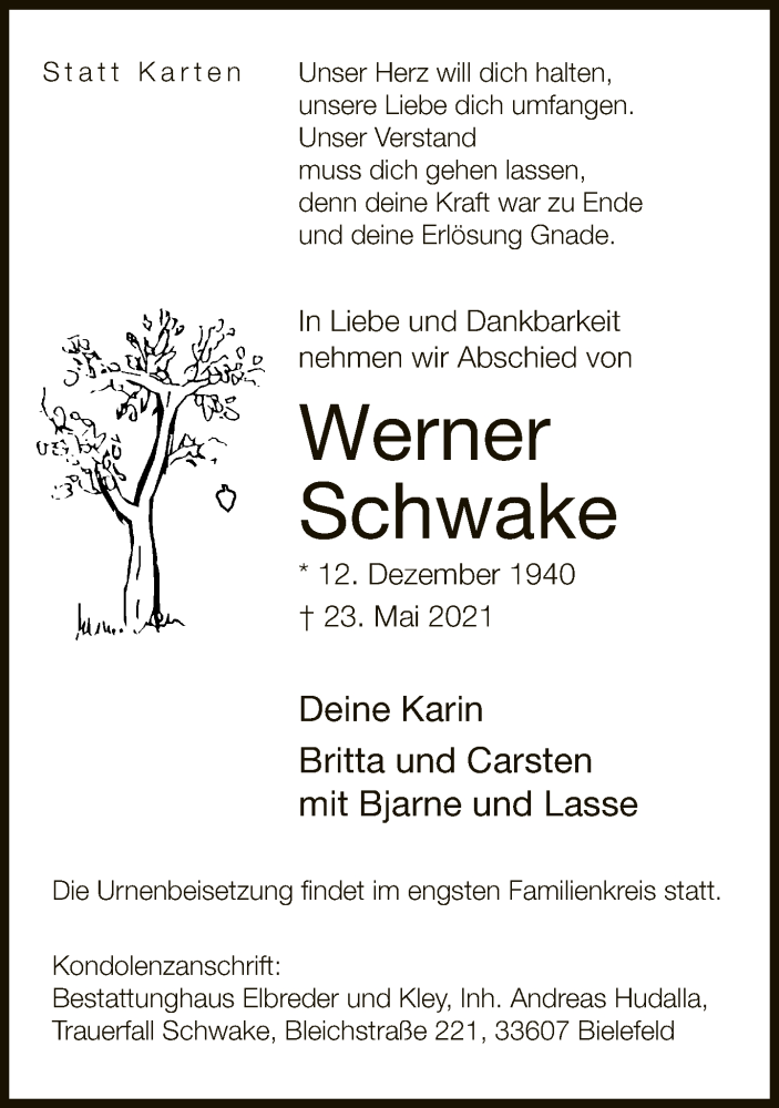  Traueranzeige für Werner Schwake vom 29.05.2021 aus Neue Westfälische