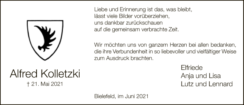  Traueranzeige für Alfred Kolletzki vom 26.06.2021 aus Neue Westfälische