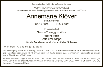 Traueranzeige von Annemarie Klöver von Neue Westfälische
