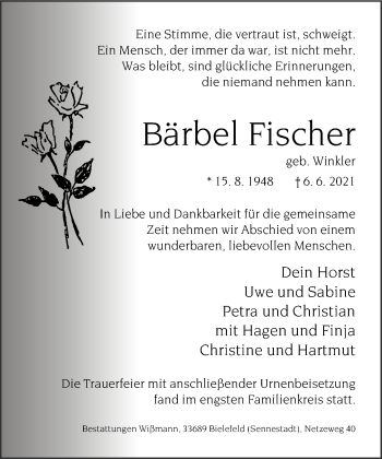 Traueranzeige von Bärbel Fischer von Neue Westfälische