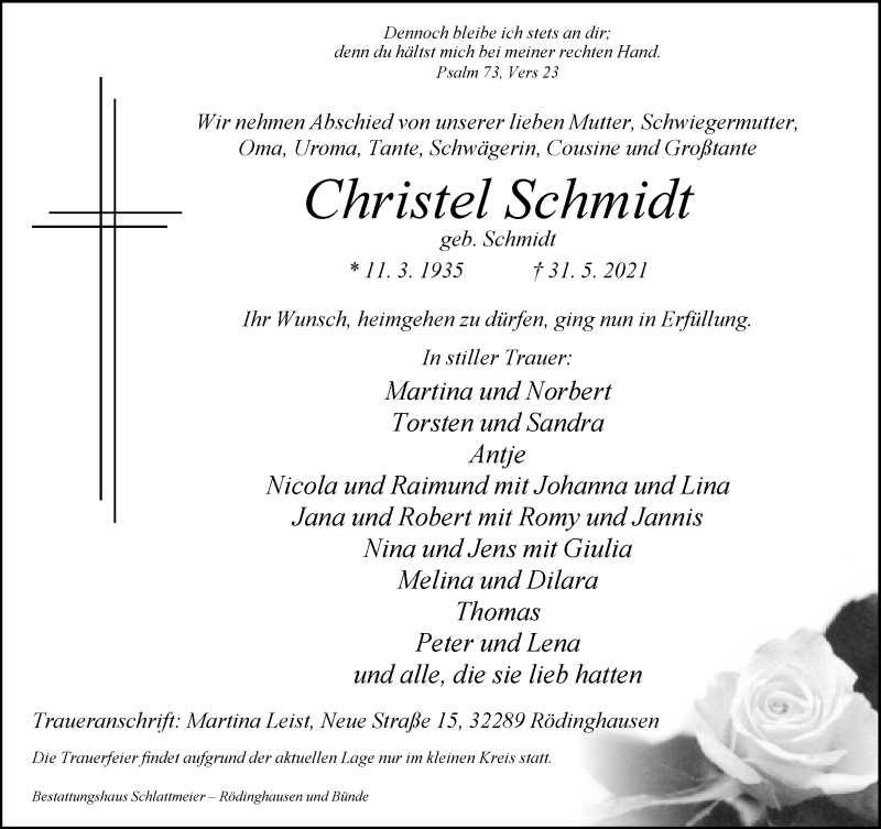  Traueranzeige für Christel Schmidt vom 05.06.2021 aus Neue Westfälische