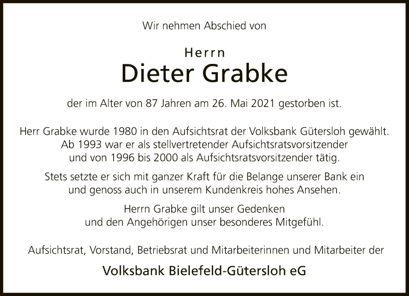  Traueranzeige für Dieter Grabke vom 12.06.2021 aus Neue Westfälische