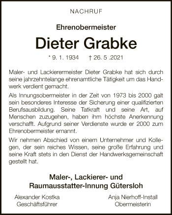 Traueranzeige von Dieter Grabke von Neue Westfälische