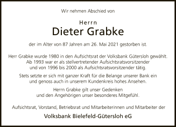 Traueranzeige von Dieter Grabke von Neue Westfälische