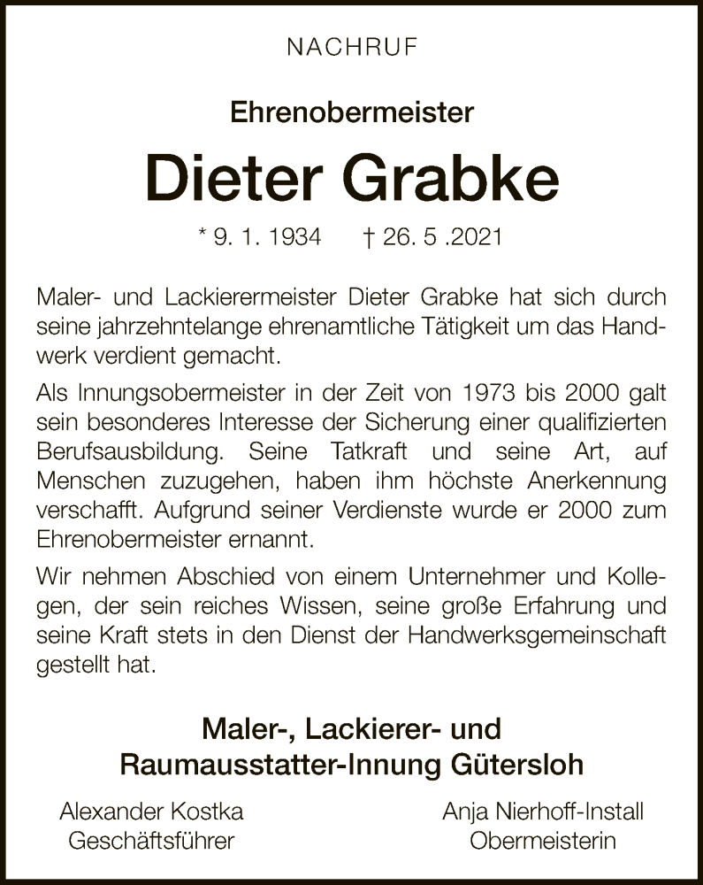  Traueranzeige für Dieter Grabke vom 02.06.2021 aus Neue Westfälische