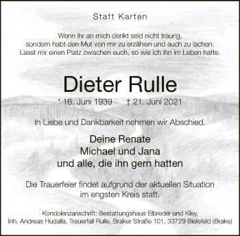 Traueranzeige von Dieter Rulle von Neue Westfälische